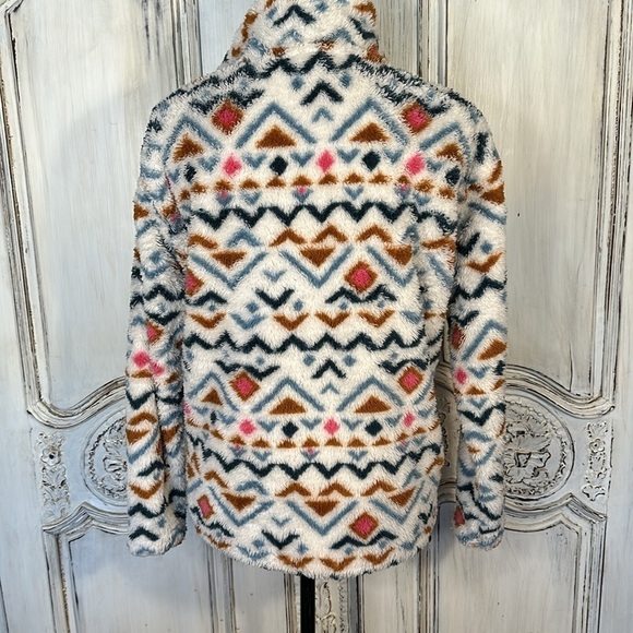 Eddie Bauer Multi Color Geometric Graphic Henley Zip Fluffy Sweat Shirt Size Med - Picture 9 of 13